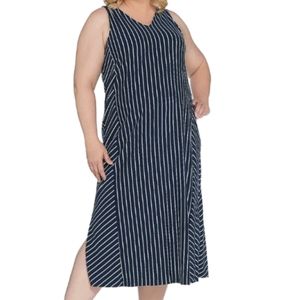 Plus Size Blue & White Sleeveless Nautical Striped V Neck Cotton Blend Dress XL